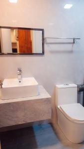 un bagno con lavandino, WC e specchio di Havaa Inn Dhangethi a Dhangethi