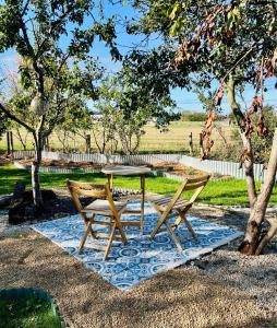 ein Picknicktisch und zwei Stühle neben einem Baum in der Unterkunft Victoria Plum in Cropthorne