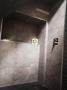 een badkamer met een douche met grijze tegels bij Dimora Daliah&Oana in Matera