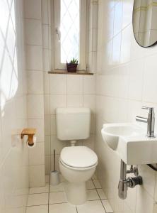 ein weißes Badezimmer mit Toilette und Waschbecken in der Unterkunft green rooms in Schweinfurt