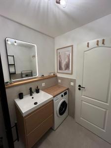 een badkamer met wastafel en wasmachine bij Fewo Eirich in Günzburg +5 foto's