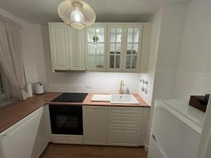 een keuken met witte kasten en een spoelbak bij Fewo Eirich in Günzburg