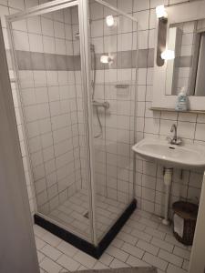 un bagno con doccia e lavandino di Gemütliches, komfortables Ferienhaus a Schoorl