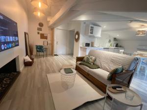 een woonkamer met een bank en een keuken bij Appartement Cocon dans domaine historique d'exception in Vernaison