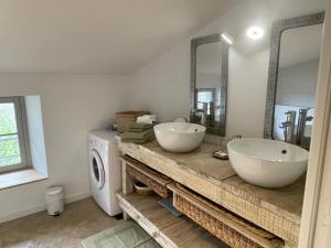 een badkamer met 2 wastafels en een wasmachine bij Appartement Cocon dans domaine historique d'exception in Vernaison +33 foto's