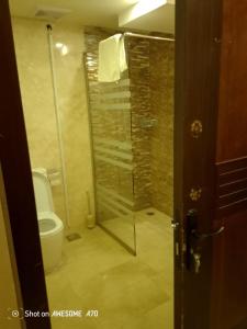 une salle de bains avec toilettes et douche en verre dans l'établissement رؤيا الفخامة luxury vision, à Al Khafji