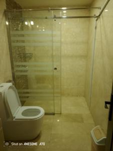 une salle de bains avec toilettes et douche en verre dans l'établissement رؤيا الفخامة luxury vision, à Al Khafji