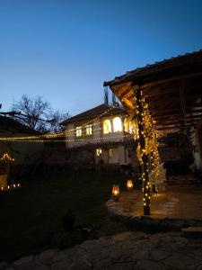 a house with christmas lights in a yard at night at Vila Kruna in Pirot