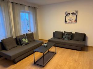 a living room with two couches and a table at Großzügiges Design-Loft in Aulendorf in Aulendorf