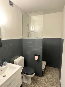 une salle de bains avec toilettes et lavabo dans l'établissement Le Nid des Pistes, à Métabief