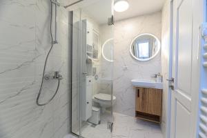 a bathroom with a shower and a toilet and a sink at Republicii Residence in Braşov +105 photos