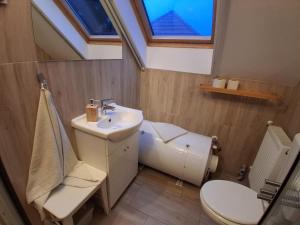 een badkamer met een wastafel en een toilet en een raam bij Vagabund Vendégház in Etyek +55 foto's