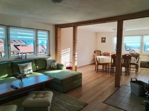 een woonkamer met een groene bank en een tafel bij Chaloupka u Rity in Bublava