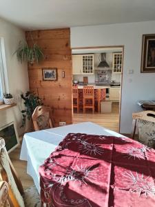 een kamer met een tafel met een rode deken erop bij Chaloupka u Rity in Bublava +37 foto's