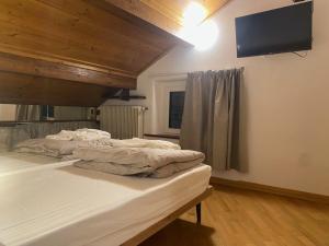 ein Schlafzimmer mit einem Bett und einem Fernseher an der Wand in der Unterkunft Dolomiti Lodge - Fit & Well in Belluno