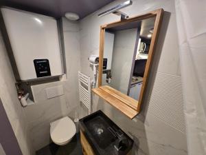 een kleine badkamer met een toilet en een spiegel bij 5G-Studio tout équipé avec chambre proche Paris in Issy-les-Moulineaux