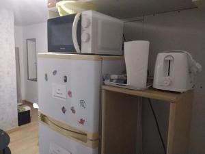 einen Kühlschrank mit einer Mikrowelle darüber in der Unterkunft Le repos beaurepairien in Beaurepaire