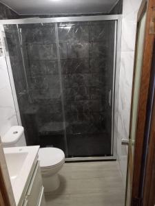 ein Badezimmer mit Toilette und Glasdusche in der Unterkunft Casa Serrana in Penhas da Saúde + 2 Fotos
