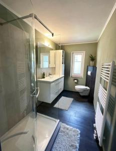 ein Badezimmer mit Dusche, Waschbecken und Toilette in der Unterkunft Waldgeflüster in Buchholz in der Nordheide