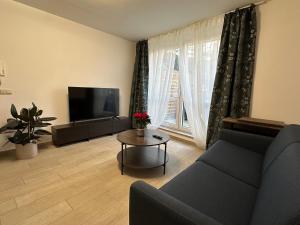 a living room with a couch and a tv and a table at Ferienwohnung Villa Fuchs in Dresden