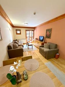 ein Wohnzimmer mit Sofa und Tisch in der Unterkunft Jahorina Vučko Apartman 211 in Jahorina