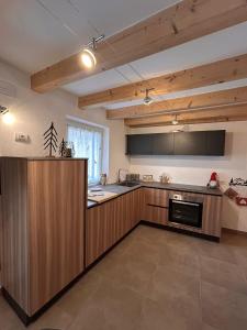 a large kitchen with wooden cabinets and a stove at Alpen Lodge Predazzo in Predazzo