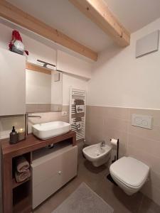 a bathroom with a white toilet and a sink at Alpen Lodge Predazzo in Predazzo