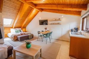 a bedroom and living room with a bed and a table at Rokani Sofita II in Kalavrita