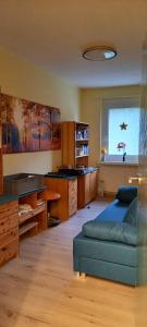 een slaapkamer met een bed, een bureau en een raam bij Apartment mit Herz in Sondershausen +17 foto's