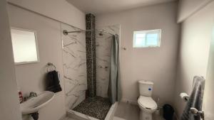 a bathroom with a shower and a toilet and a sink at Santafe Minisuites in Hermosillo