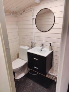 een badkamer met een toilet, een wastafel en een spiegel bij The Little Owls Nest in Rovaniemi +2 foto's