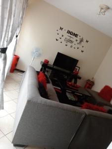 een woonkamer met een grijze bank en een tv bij Fairway Gardens in Pretoria