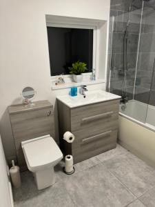 une salle de bains avec toilettes, lavabo et douche dans l'établissement Rowe Terrace Workington, à Workington