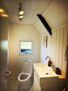 un baño con inodoro y lavabo en Bovbjerg Camping, en Lemvig