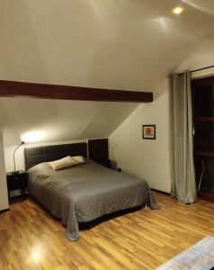 een slaapkamer met een bed en een houten vloer bij Altstadt Appartement Luka in Roding