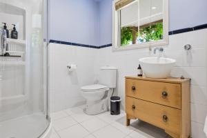a bathroom with a sink and a toilet and a shower at Arrow Junction Cottage in Arrowtown