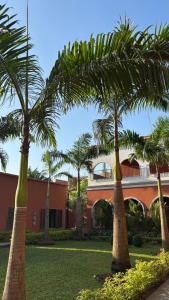 a group of palm trees in front of a building at Club Ébène Ouidah in Ouidah