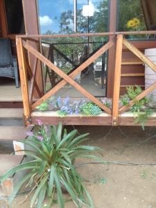 een raam op een veranda met een potplant bij Chalé Garças in Chapada dos Guimarães