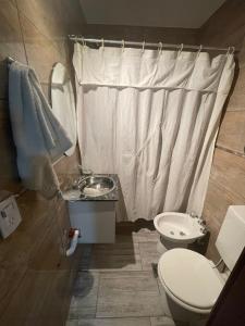 een badkamer met een toilet, een wastafel en een douche bij Entre Sierras Cabañas in Tanti