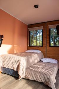 two beds in a bedroom with two windows at Container Los Lobos in Chapadmalal