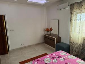 ein Schlafzimmer mit einem Bett, einer Kommode und einem Spiegel in der Unterkunft Appartement 1 chambre a Bacongo in Brazzaville