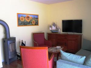 sala de estar con TV, mesa y sillas en Residenz Lausitz - Apartments für Urlaub mit Hund, en Graal-Müritz