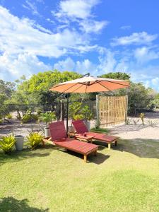 a patio with two chairs and an umbrella at Hostel Caraivando in Caraíva