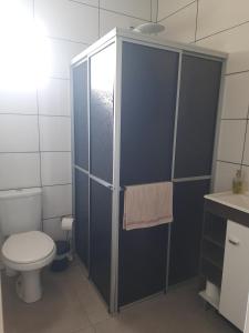 ein Badezimmer mit Toilette und Duschkabine in der Unterkunft Casa Finger 800m do Centro e do Núcleo de casas Enxaimel anfitriões residem ao lado in Ivoti
