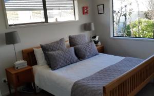 1 dormitorio con 1 cama con almohadas y 2 ventanas en Glen Wallace Lodge, en Waipu