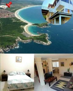 eine Collage aus zwei Bildern eines Schlafzimmers und eines Hauses in der Unterkunft Hostel Peró Cabo Frio Single in Cabo Frio