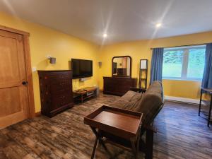 een woonkamer met een bank en een tv bij 1st Chair Mountain Resort in Nelson