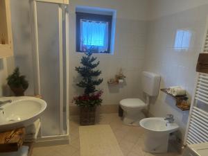 een badkamer met een toilet en een kerstboom erin bij Casa Cappuccetto in Imer