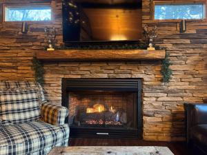 un salon avec une cheminée avec une télévision au-dessus dans l'établissement Hummingbird Hideaway - Lake Pets Hike Fish, à Hidetown