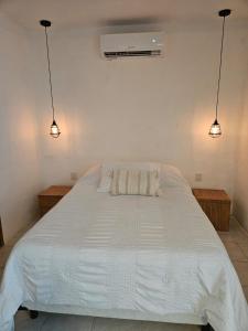 een slaapkamer met een groot wit bed en 2 verlichting bij Oceanfront paradise live the experience in Campeche +23 foto's